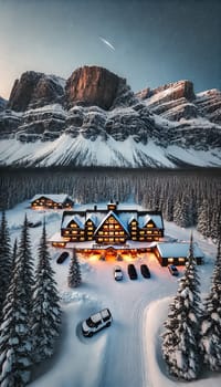 A serene mountain lodge sits nestled at the base of snow-covered peaks, softly illuminated as dusk settles. The sky is clouded, adding a misty glow to the towering, forested mountains in the background, while warm light spills from the lodge windows.