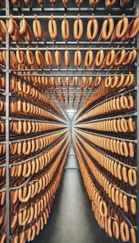 A spacious industrial drying room featuring long rows of neatly hung reddish-brown sausages. The perspective emphasizes the symmetry and precision of the orderly setup, framed by clean metal racks in a well-lit environment.