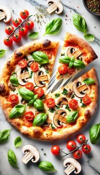 A close-up of a pizza on a white marble surface in a contemporary kitchen. A slice is being lifted, with melted cheese stretching, showcasing the pizza's toppings of sautéed mushrooms, cherry tomatoes, and fresh basil. The modern kitchen in the background features sleek countertops, warm lighting, and a cozy atmosphere.