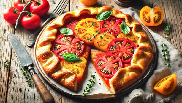 A wide-angle view of a dining table set with a tomato galette as the centerpiece. The scene, bathed in warm natural light, showcases a rustic table with plates, forks, fresh basil, and heirloom tomatoes, creating a welcoming and cozy atmosphere for a homemade meal.