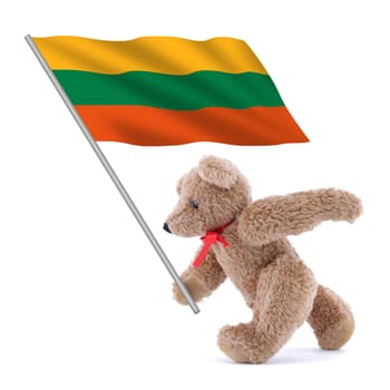 A Lithuania flag being carried by a cute teddy bear