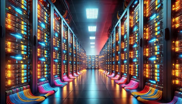 Wide angle view of a data center with rows of server racks in a dark room, brightly illuminated by the vibrant lights from the computers. Colorful computer cables are meticulously plugged into each unit, showcasing the organized and complex network infrastructure.
