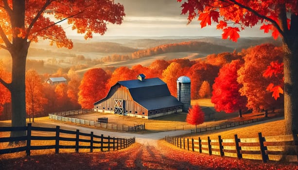 A peaceful autumn scene featuring a curving road leading to rustic wooden barns, surrounded by fiery orange and red trees. The warm sunlight creates a soft glow through the dense foliage, with fallen leaves scattered along the road.