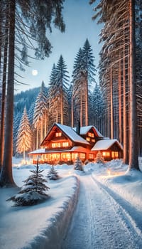 A serene mountain lodge sits nestled at the base of snow-covered peaks, softly illuminated as dusk settles. The sky is clouded, adding a misty glow to the towering, forested mountains in the background, while warm light spills from the lodge windows.