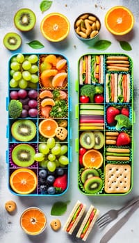 Wide views of colorful bento boxes filled with an assortment of fresh fruits, vegetables, sandwiches, and snacks. The neatly organized compartments highlight each ingredient, promoting a healthy, balanced meal presentation.