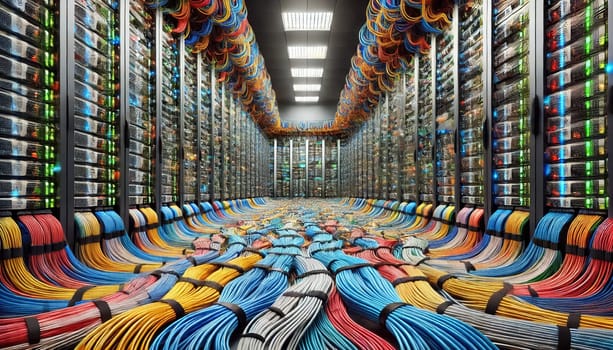 Detailed close-up of server racks in a data center, with colorful computer cables meticulously plugged into each unit. This view emphasizes the organized and complex network infrastructure necessary for efficient data management.