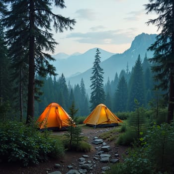 Two glowing tents in a forest with mountains in the background., AI generated