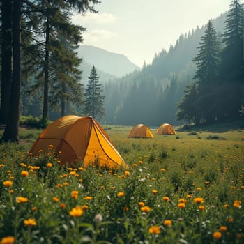 Tents in a meadow with flowers and mountains in the distance.. AI generated