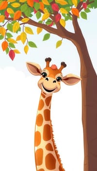Illustration of a happy giraffe on a background of autumn leaves