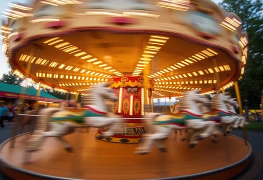 Children's carousel in motion. Blurred image of amusement park