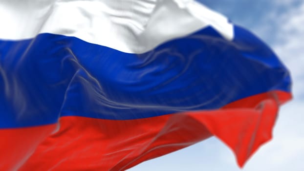 Close-up of Russia flag waving in the wind on a clear day. White, blue and red horizontal stripes. Russian Federation flag. 3d illustration render. Rippled fabric. Selective focus