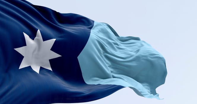 Close-up of Minnesota new state flag waving on a clear day. State in the upper Midwest and northern regions of the US. 3d illustration render. Rippled fabric. Selective focus