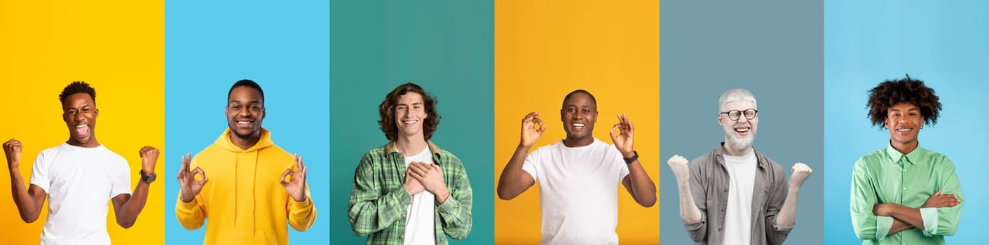 A diverse group of cheerful individuals showcases happiness and positivity while posing against vibrant, colorful backgrounds. Each person expresses joy in a unique and fun way.