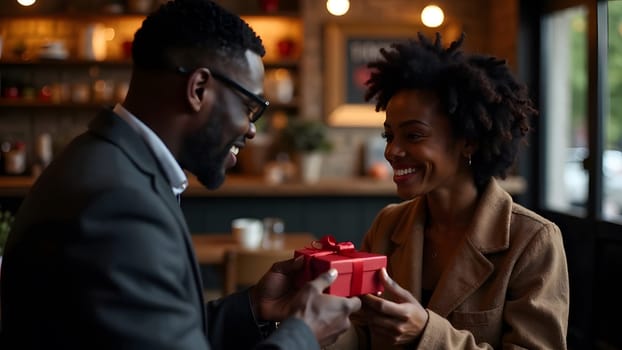 A black man presents a small red gift box to a smiling black woman in a cozy cafe, capturing a loving gesture. High quality photo
