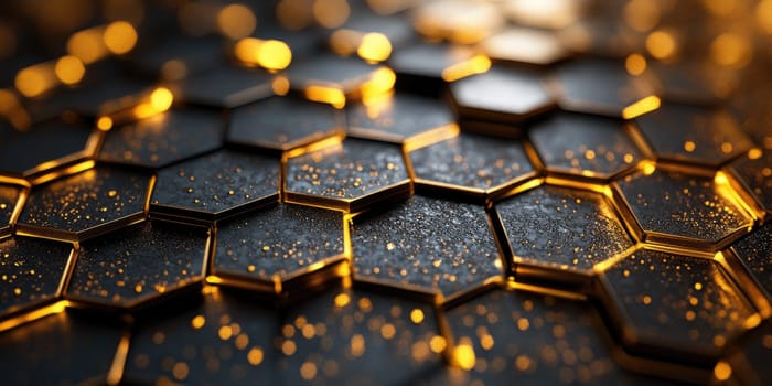 Intricate hexagonal patterns present a luxurious feel with a golden metallic finish. Smooth gradients and soft reflections combine to create an elegant and stylish background, perfect for premium designs or modern presentations.