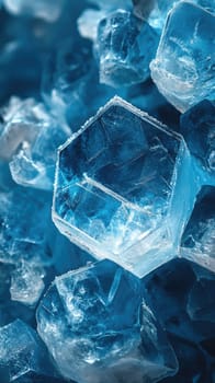 This abstract design features a hexagonal pattern showcasing crystal ice elements in cold blue and white tones. The intricate details and smooth reflections create a futuristic and elegant aesthetic for various creative projects.