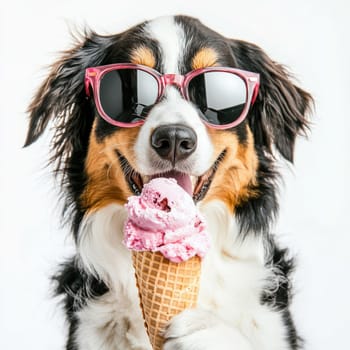 This cheerful Australian Shepherd sports stylish sunglasses while happily holding an ice cream cone. The friendly expression and minimalist style highlight its adorable features against a white background.