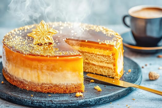 A gold knife cuts through a beautifully glazed caramel cake, revealing a soft interior. Wisps of steam rise above, while a cup of espresso and rustic wooden board add elegance and warmth to the minimal setup.