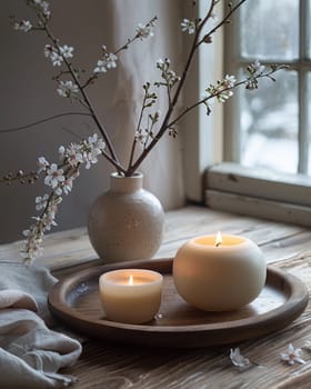 Elegant arrangement showcases artisanal beeswax candles alongside delicate willow branches in a serene setting. Soft linen fabric complements the natural wood tray, creating a cozy ambiance filled with warm neutral tones.