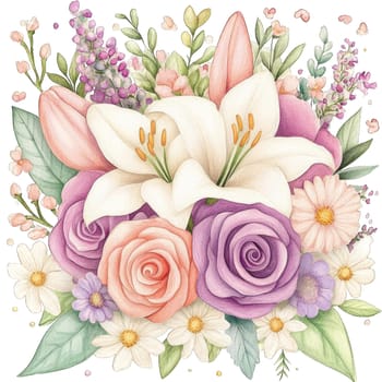 Delicate white flowers and lush green leaves are elegantly arranged, showcasing a harmonious blend of nature's beauty through watercolor art. The soft colors enhance the overall charm.