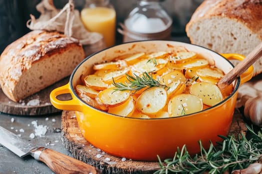 Deliciously golden bubbling potato bake features layers of thinly sliced potatoes cooked with fragrant rosemary and roasted garlic.