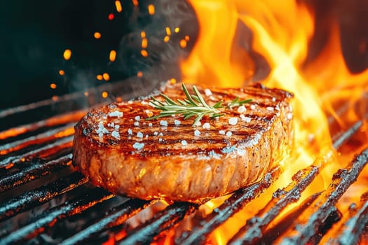 A thick marbled steak sears over an intense open flame, creating a charred crust. Bright orange and blue flames highlight the juicy meat, seasoned with sea salt, as smoke dances upward, enhancing the rustic grilling experience.