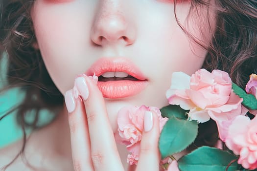 A brunette woman gently caresses the petals of a rose with her fingers, eyes reflecting emotion. Her slightly parted lips and the soft focus of the background create a timeless and elegant visual experience.