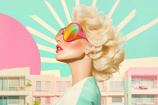 A glamorous blonde with bouncy curls turns mid-motion, showcasing colorful oversized sunglasses. Behind her is a retro sunburst graphic and a charming display of pastel beach houses, evoking a sense of nostalgia.