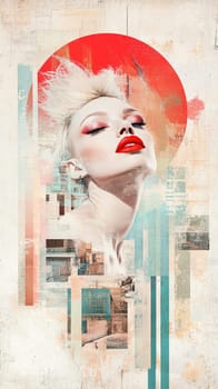 A glamorous blonde tilts her head slightly upward, radiating confidence with bold red lips and a piercing gaze. Set against abstract pastel-colored shapes and a faded coastal town, this composition captures a vintage summer vibe.