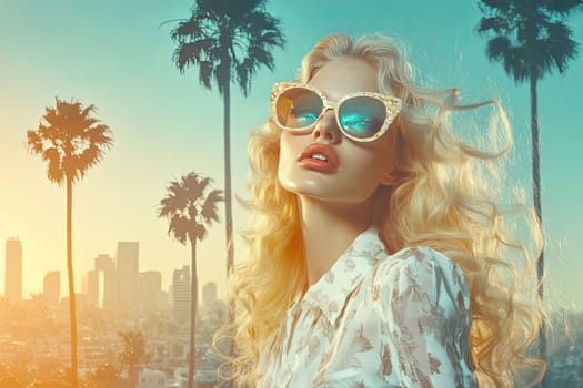 A glamorous blonde poses with poise, illuminated by soft afternoon light. Stylized palm trees and a sun-faded cityscape form a vintage backdrop, enhancing the sophistication of the scene, showcasing retro elegance.