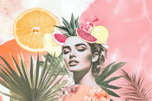 A glamorous blonde poses within a vibrant retro collage that reflects old Hollywood charm. She is surrounded by bold tropical fruits, clean lines, and pastel colors that create an elegant and timeless mood.