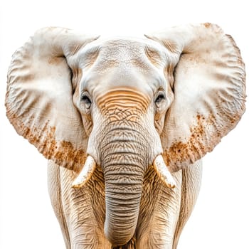 This full-length portrait captures a gentle elephant with large ears, portrayed in profile. The creature exudes a peaceful expression, emphasizing its serene nature in a minimalistic setting with a white background.