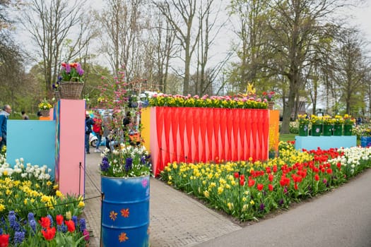 Lisse, Netherlands - April 17, 2019: Decoration in a Keukenhof park