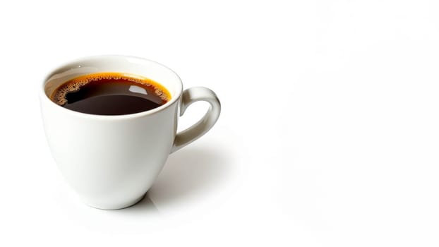 White ceramic cup with black coffee on a plain white background, copy space. AI generated.