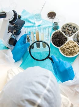 Soil testing in the laboratory. Selective focus. Nature.