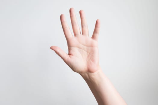 Caucasian adult hand raised against white background with open palm gesture.