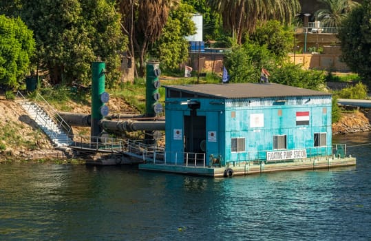 Floating pump station provided by people of Japan alongside Nile River near Edfu in Egypt