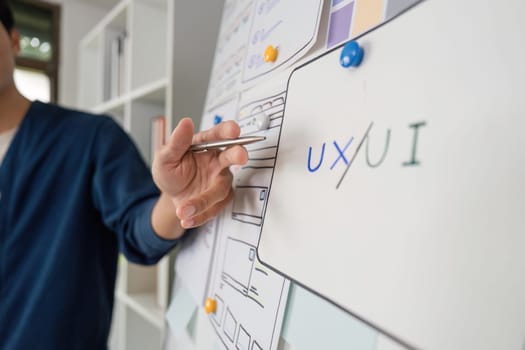A designer presents critical UXUI principles, emphasizing attention to detail in project development while being supported by enthusiastic teammates.