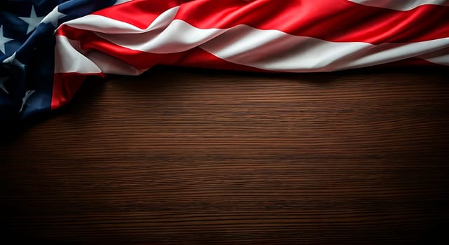 Top view of American flag placed on a rustic background. Ideal picture for banners.Wallpaper. Space for text.Background for Fourth of July celebration of Independence Day