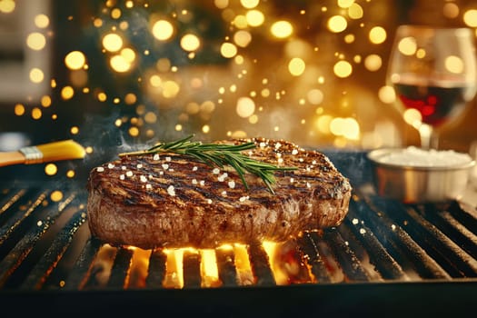 The steak rests on a hot grill, showcasing a charred crust and glistening herb butter. A sprig of rosemary adorns it as a glass of red wine and sea salt create a refined ambiance, beautifully captured in soft lighting.