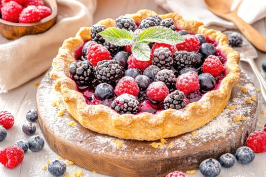 Golden sugar-crusted edges surround a rustic open-faced pie overflowing with fresh seasonal berries, including raspberries, blackberries, and blueberries. The pie sits on a wooden board, enhancing its homey aesthetic.