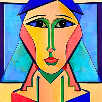 Female portrait painting in the style of cubism in vibrant colors. AI Generated.