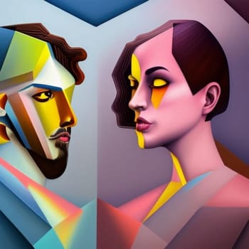 This stunning cubist portrait depicts a man and woman standing side by side, their features reimagined in a mesmerizingly abstract style. The use of AI technology in the creation of this piece adds an exciting element of modernity to an already captivating work of art.