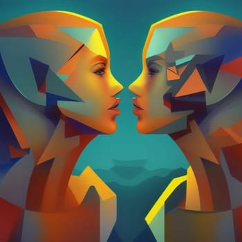 This stunning cubist portrait depicts a man and woman standing side by side, their features reimagined in a mesmerizingly abstract style. The use of AI technology in the creation of this piece adds an exciting element of modernity to an already captivating work of art.