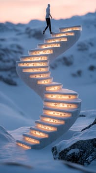 A figure climbs a spiral staircase where each step is marked with a season, but the winter step is steep and icy, symbolizing the heightened difficulty of winter.