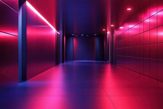 An empty corridor with metal-lined walls illuminated in neon pink and blue.