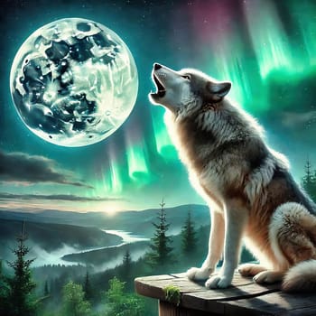 A wolf howls on a snow-covered rock in front of a glowing, mystical lunar landscape with northern lights. An imaginative, magical natural atmosphere.