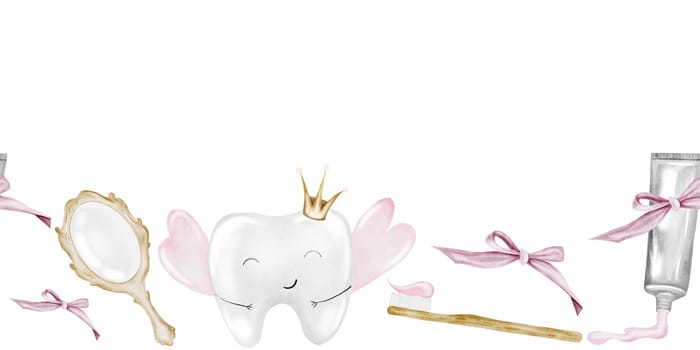 Baby tooth watercolor seamless border. Cute cartoon molar with crown on isolated white background. Dental clip art. Ideal for cards and invitations to the party baby's first tooth, posters in the doctor's office. High quality illustration