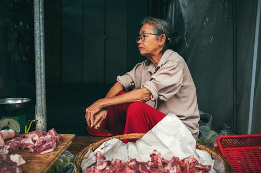 Vietnamese woman meat vendor at an Asian street food market in Hoi An in Asia. Hoi An, Vietnam - December 2, 2024