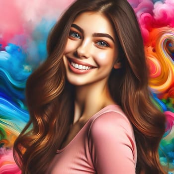 Stylish woman with voluminous hair in front of a colorful, abstract background. Elegance meets art , a perfect blend of fashion and creativity.